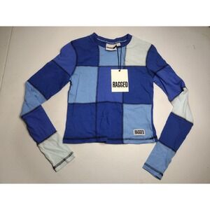 RAGGED JEANS Patchwork Long Sleeve Cropped Top Blue Light Blue White XS